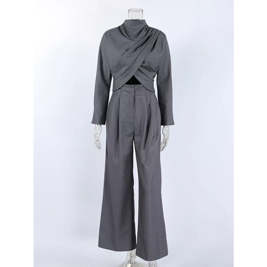 Draped Crop Top and Wide-Leg Pants Set Apparel Accessories