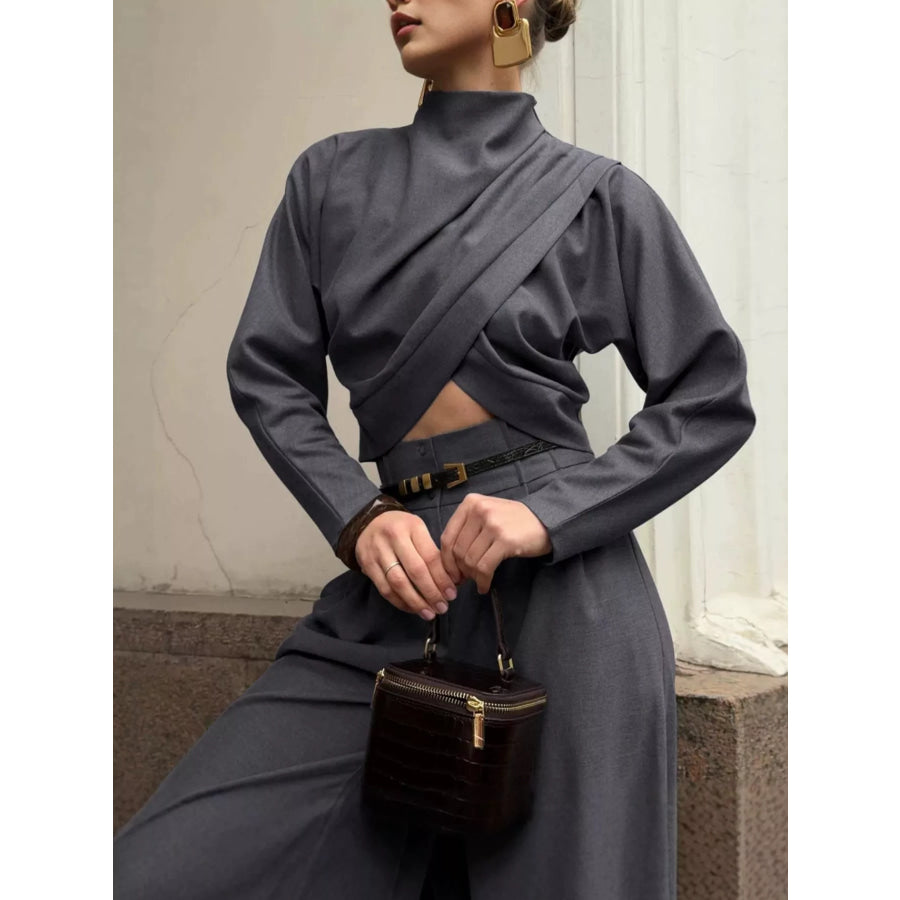 Draped Crop Top and Wide-Leg Pants Set Apparel Accessories