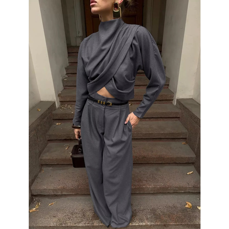 Draped Crop Top and Wide-Leg Pants Set Apparel Accessories