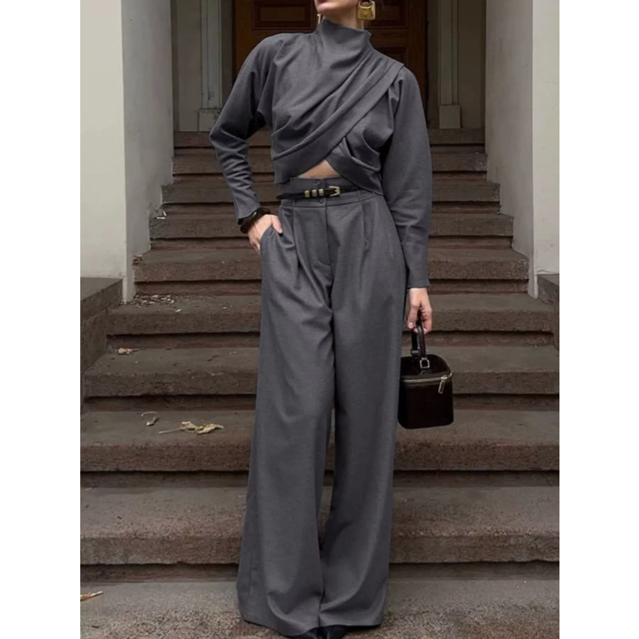 Draped Crop Top and Wide-Leg Pants Set Apparel Accessories