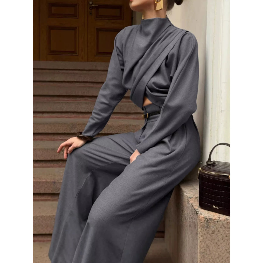 Draped Crop Top and Wide-Leg Pants Set Gray / S Apparel Accessories