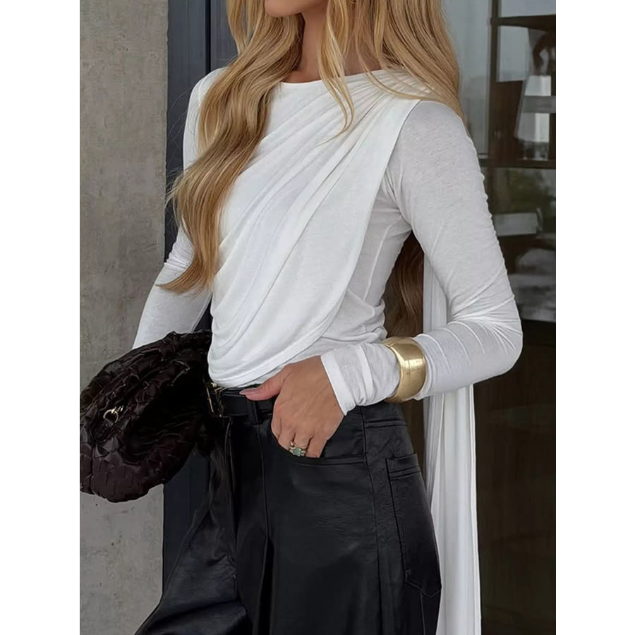 Draped Ruched Long Sleeve Top White / S Apparel and Accessories