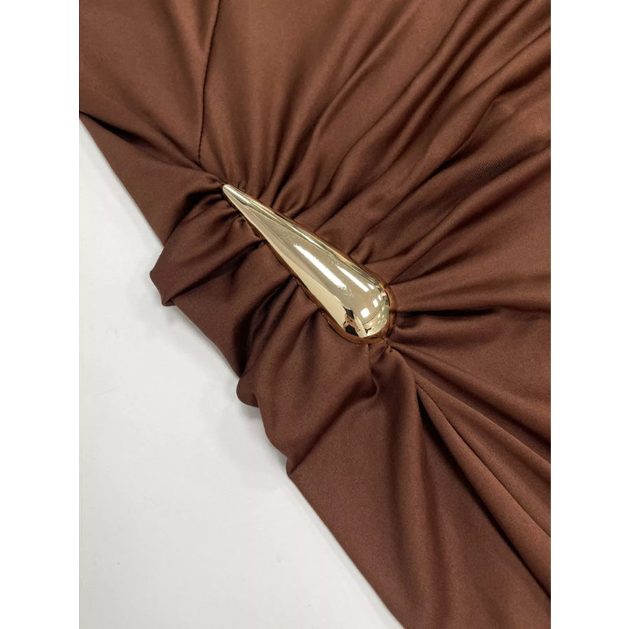 Draped Sleeveless Bodycon Maxi Dress with Metal Decorative Apparel and Accessories