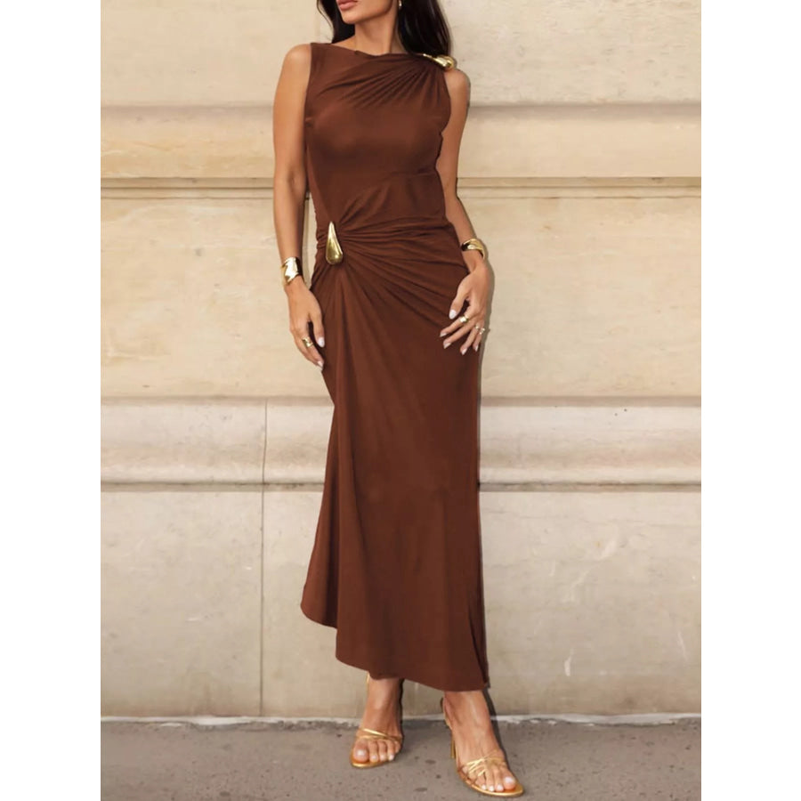 Draped Sleeveless Bodycon Maxi Dress with Metal Decorative Apparel and Accessories