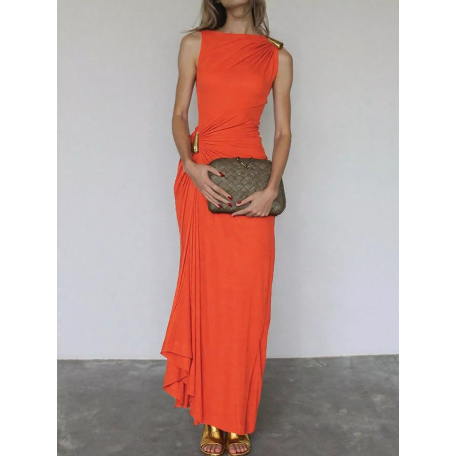 Draped Sleeveless Bodycon Maxi Dress with Metal Decorative Apparel and Accessories