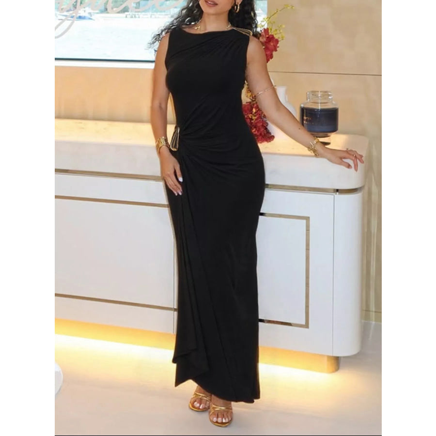 Draped Sleeveless Bodycon Maxi Dress with Metal Decorative Apparel and Accessories