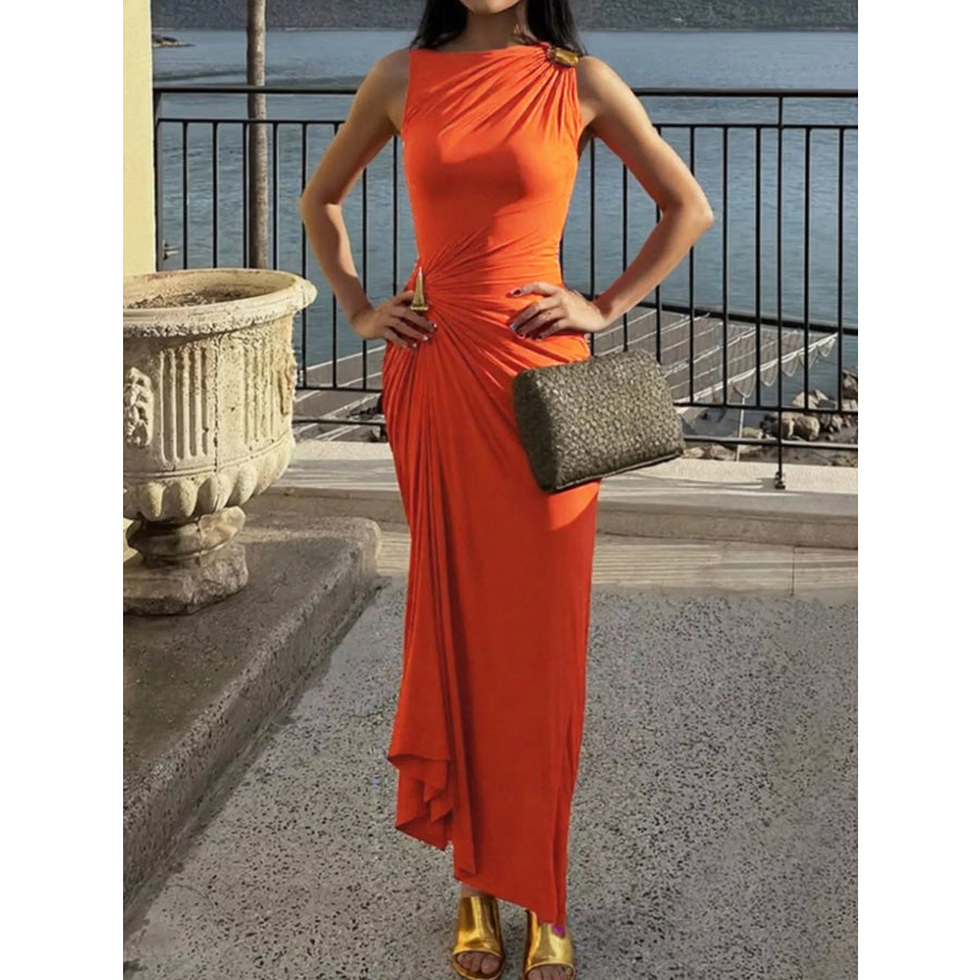 Draped Sleeveless Bodycon Maxi Dress with Metal Decorative Apparel and Accessories