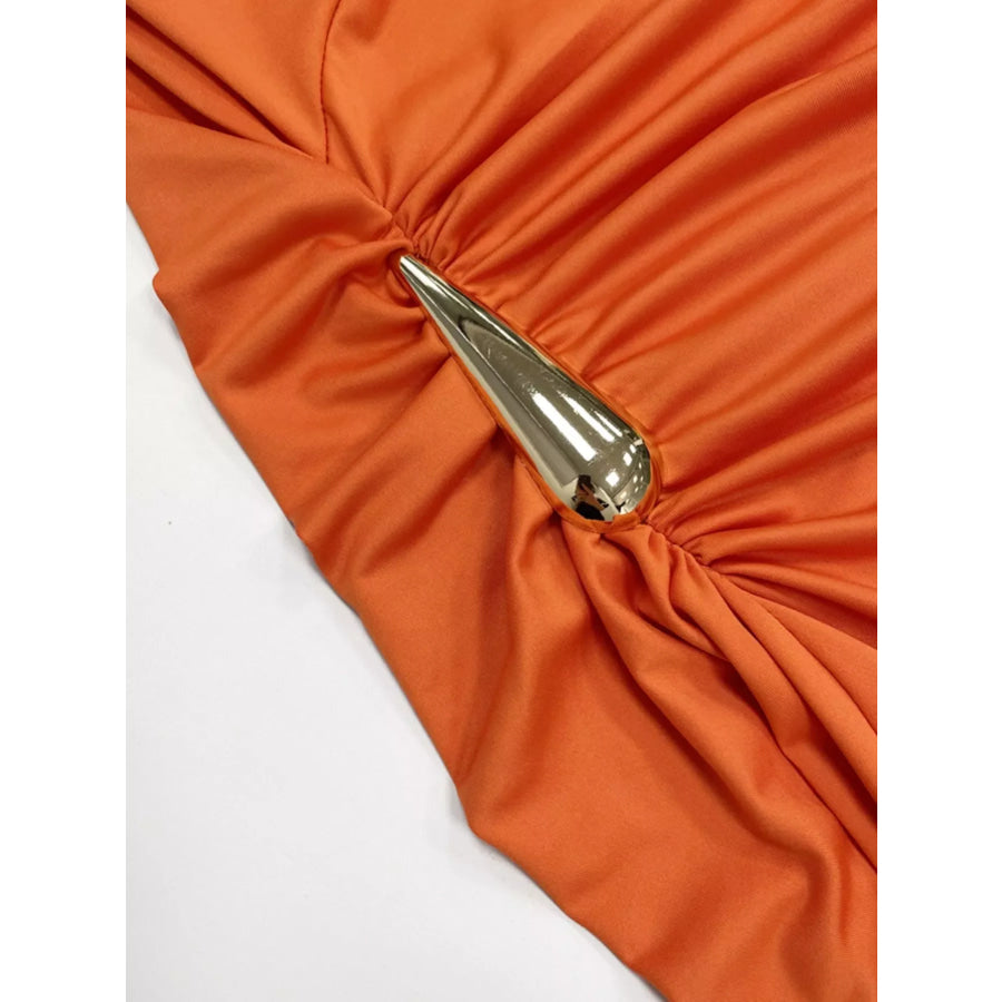 Draped Sleeveless Bodycon Maxi Dress with Metal Decorative Apparel and Accessories