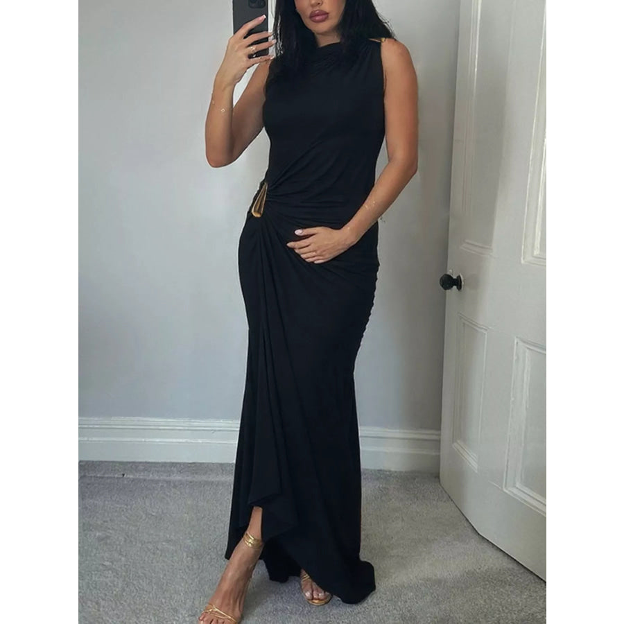 Draped Sleeveless Bodycon Maxi Dress with Metal Decorative Apparel and Accessories
