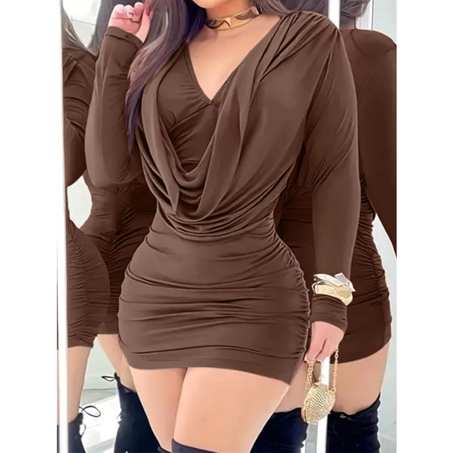 Draped V-Neck Long Sleeve Bodycon Mini Dress Apparel and Accessories