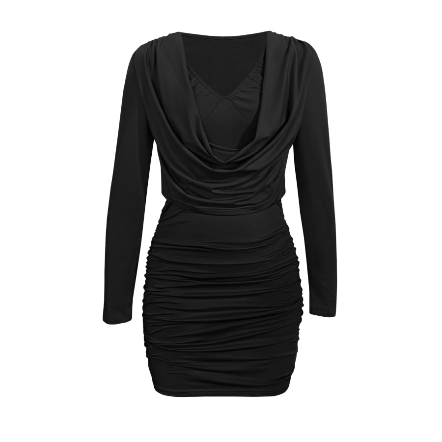Draped V-Neck Long Sleeve Bodycon Mini Dress Black / S Apparel and Accessories