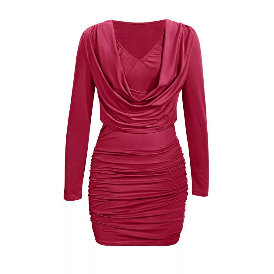 Draped V-Neck Long Sleeve Bodycon Mini Dress Burgundy / S Apparel and Accessories