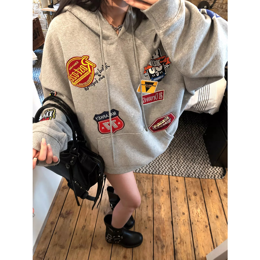 Drawstring Applique Oversized Hoodie Light Heather Gray / S Apparel and Accessories
