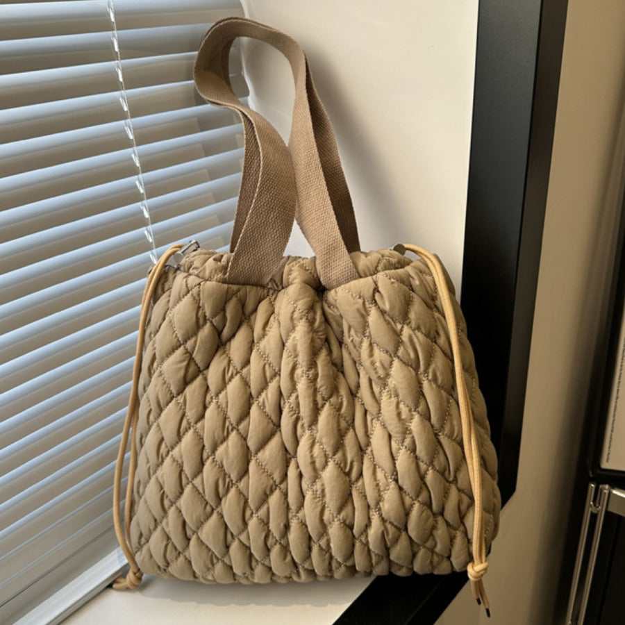 Drawstring Bubble Texture Tote Bag Khaki / One Size Apparel and Accessories