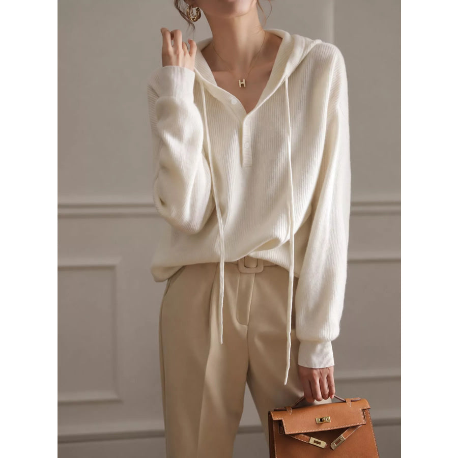 Drawstring Button Detail Hooded Sweater Apparel and Accessories