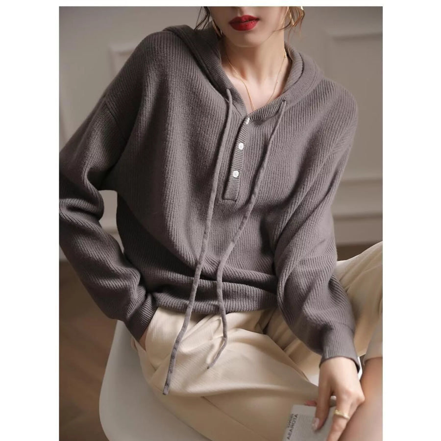Drawstring Button Detail Hooded Sweater Apparel and Accessories