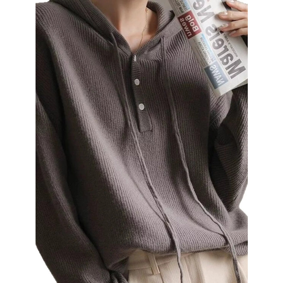 Drawstring Button Detail Hooded Sweater Apparel and Accessories