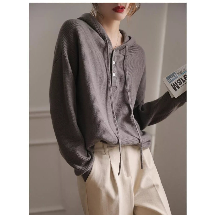 Drawstring Button Detail Hooded Sweater Apparel and Accessories