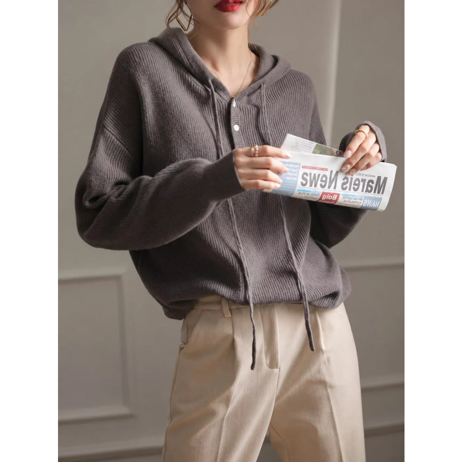 Drawstring Button Detail Hooded Sweater Apparel and Accessories