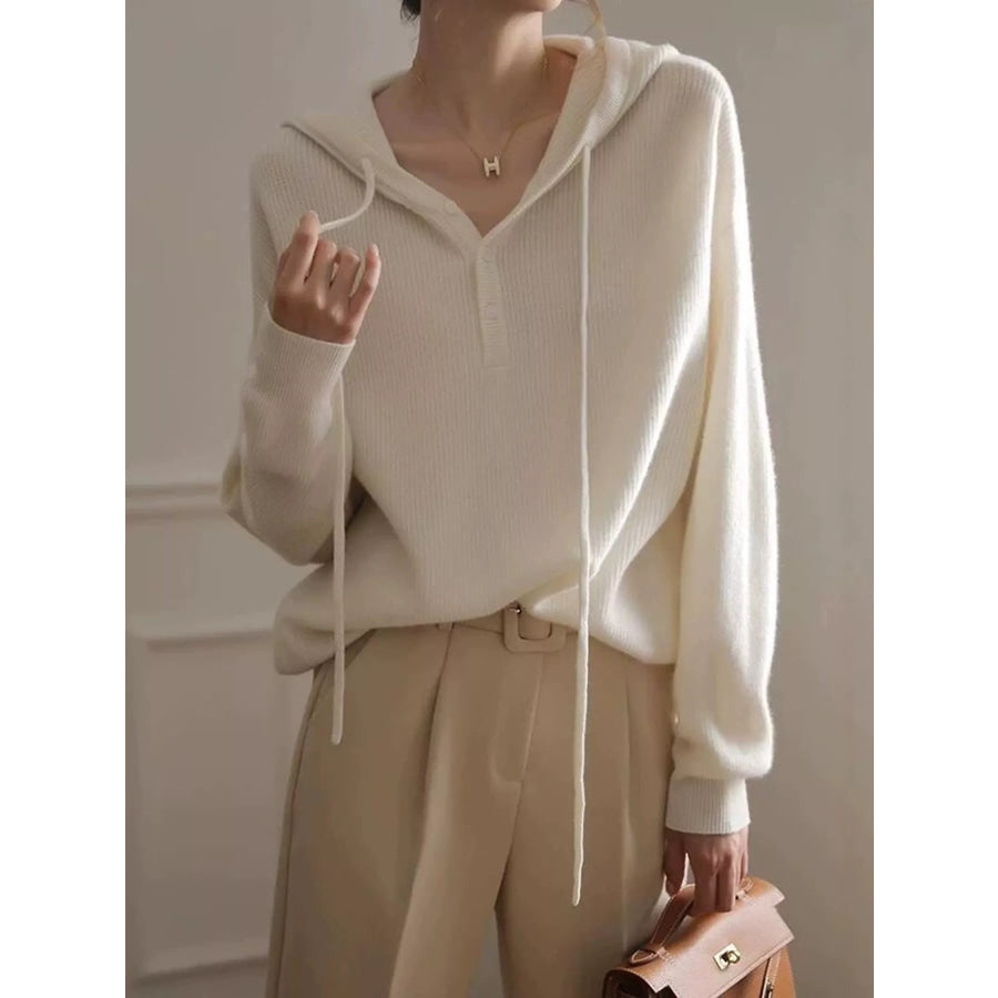 Drawstring Button Detail Hooded Sweater Apparel and Accessories