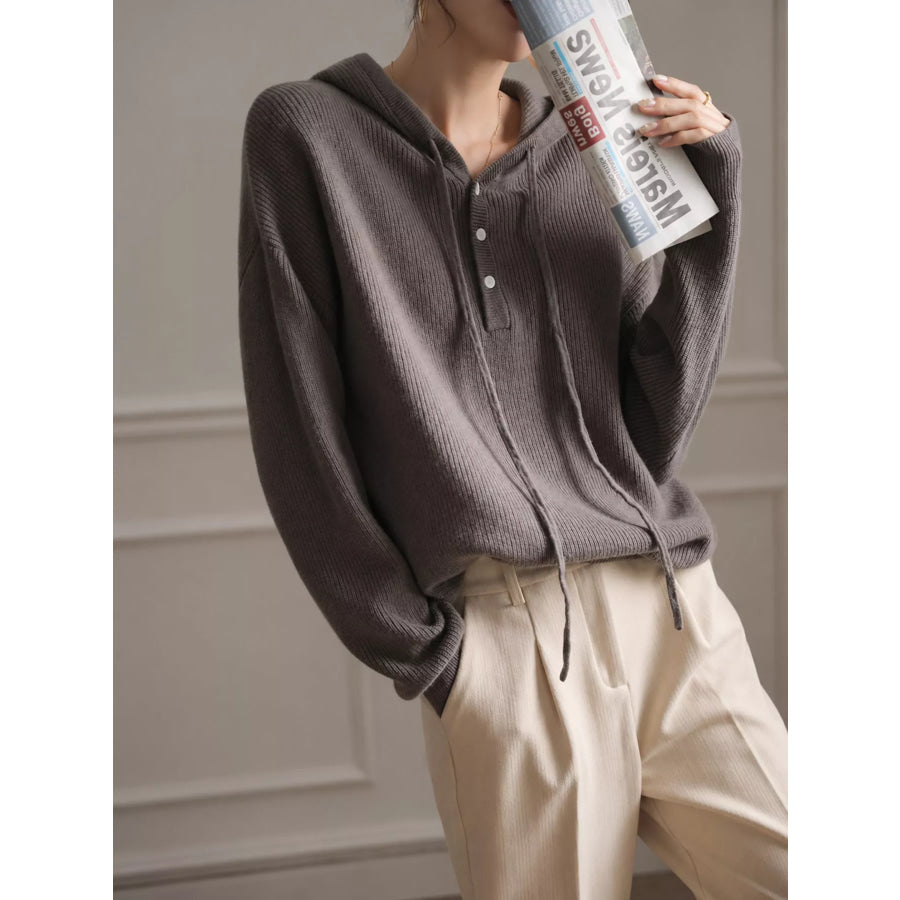 Drawstring Button Detail Hooded Sweater Granny Gray / S Apparel and Accessories