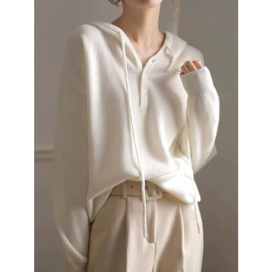 Drawstring Button Detail Hooded Sweater White / S Apparel and Accessories
