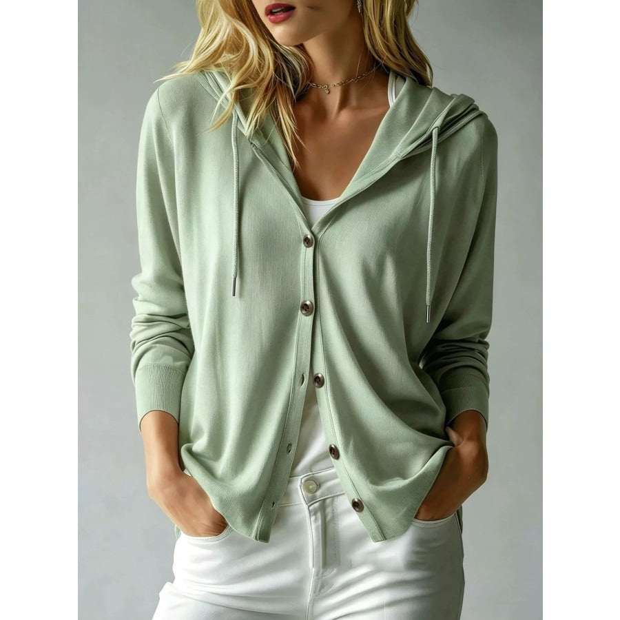 Drawstring Button Down Hooded Cardigan Army Green / S Apparel and Accessories