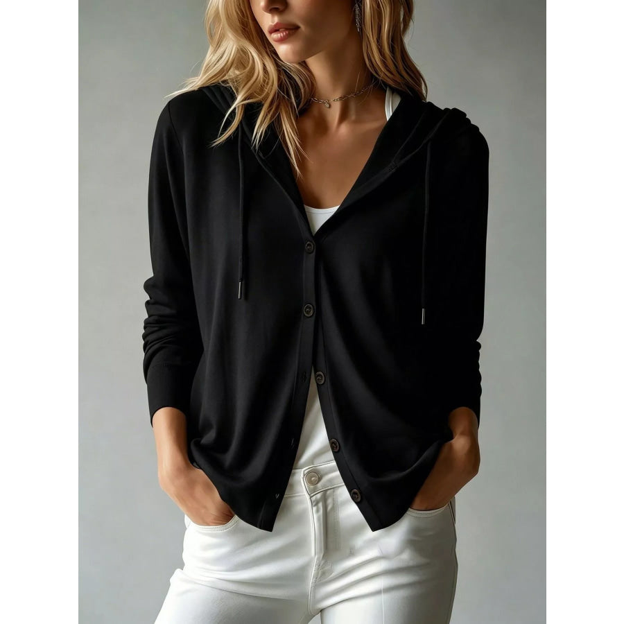 Drawstring Button Down Hooded Cardigan Black / S Apparel and Accessories