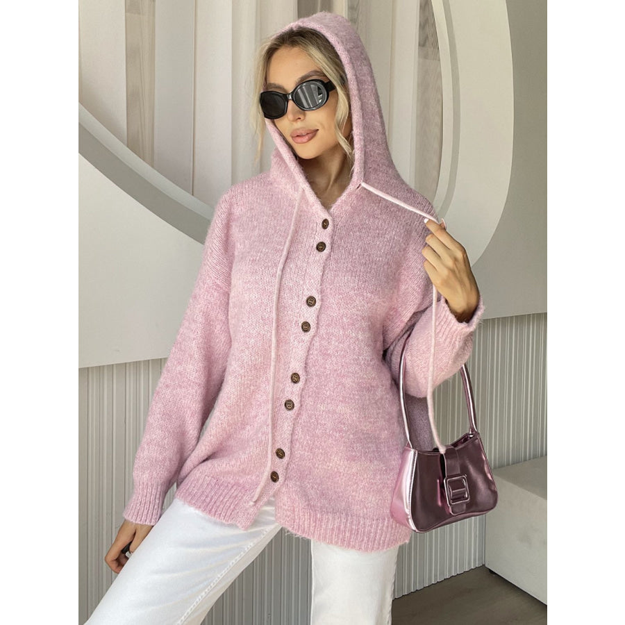 Drawstring Button Down Hooded Cardigan Dusty Pink / One Size Apparel and Accessories