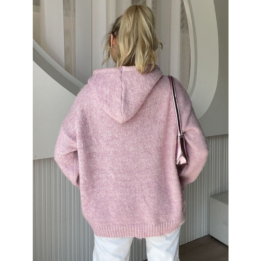 Drawstring Button Down Hooded Cardigan Dusty Pink / One Size Apparel and Accessories