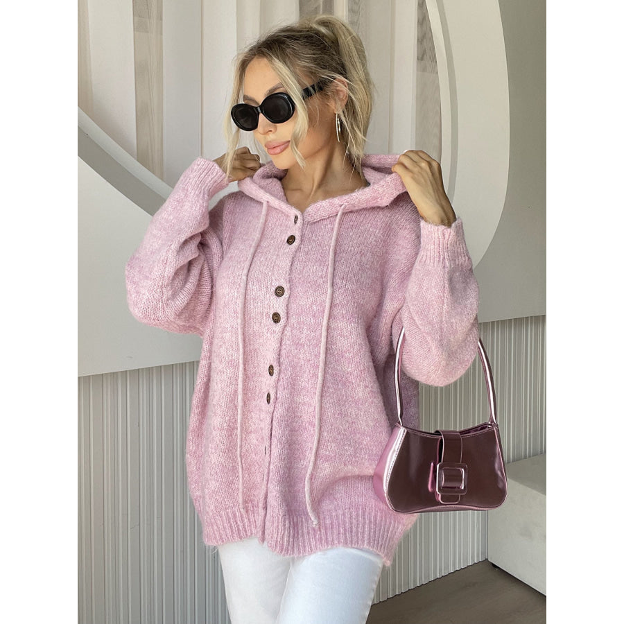 Drawstring Button Down Hooded Cardigan Dusty Pink / One Size Apparel and Accessories