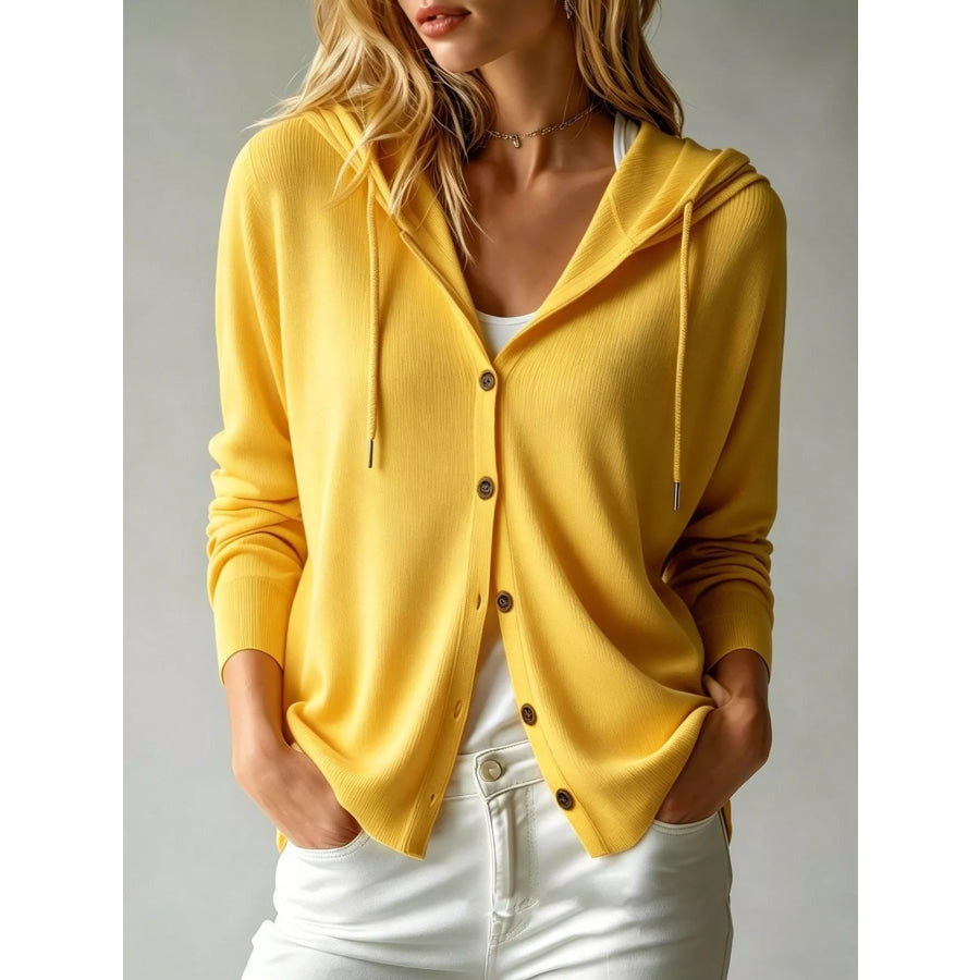 Drawstring Button Down Hooded Cardigan Lemon Yellow / S Apparel and Accessories