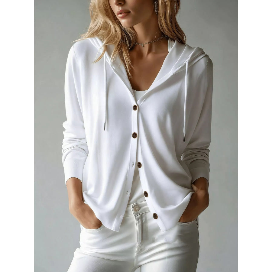 Drawstring Button Down Hooded Cardigan White / S Apparel and Accessories