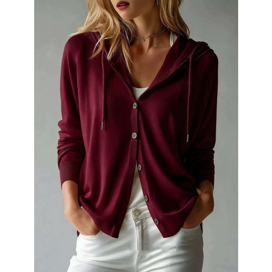 Drawstring Button Down Hooded Cardigan Wine Red / S Apparel and Accessories