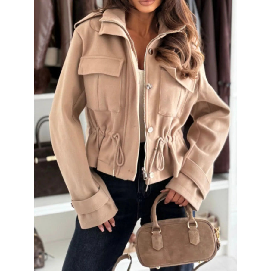 Drawstring Button-Up Casual Jacket Apricot / S Apparel and Accessories