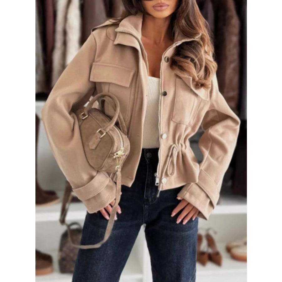 Drawstring Button-Up Casual Jacket Apricot / S Apparel and Accessories