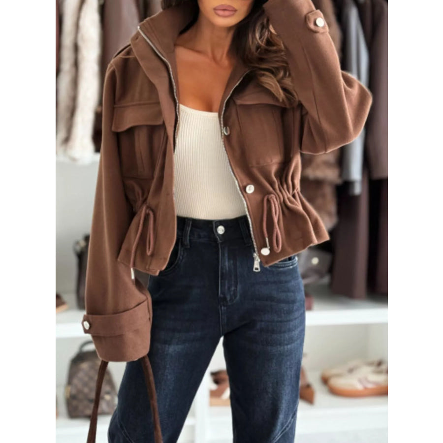 Drawstring Button-Up Casual Jacket Brown / S Apparel and Accessories