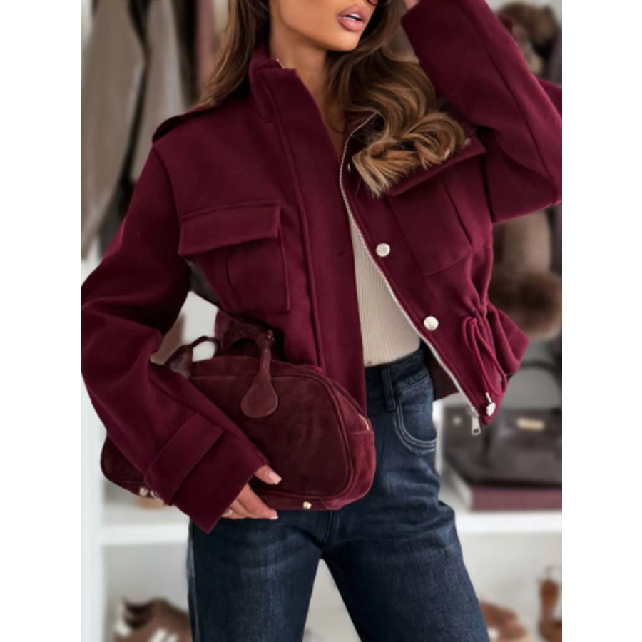 Drawstring Button-Up Casual Jacket Wine Red / S Apparel and Accessories