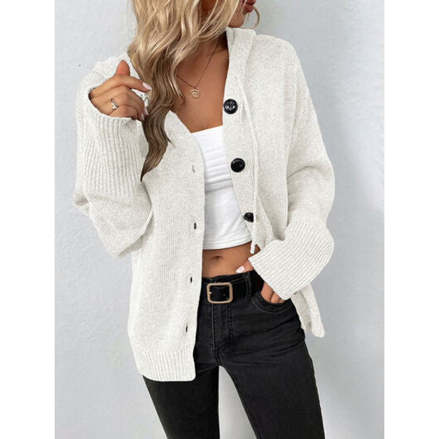 Drawstring Button Up Hooded Cardigan Apparel and Accessories