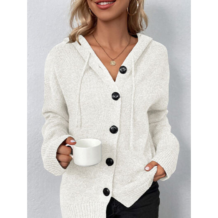 Drawstring Button Up Hooded Cardigan Apparel and Accessories