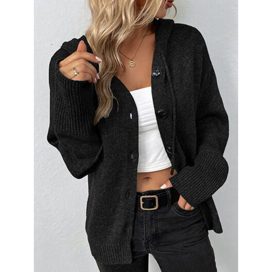 Drawstring Button Up Hooded Cardigan Apparel and Accessories