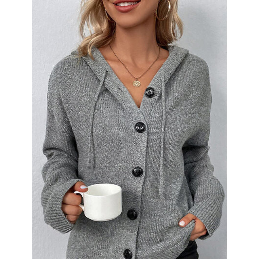 Drawstring Button Up Hooded Cardigan Charcoal / S Apparel and Accessories