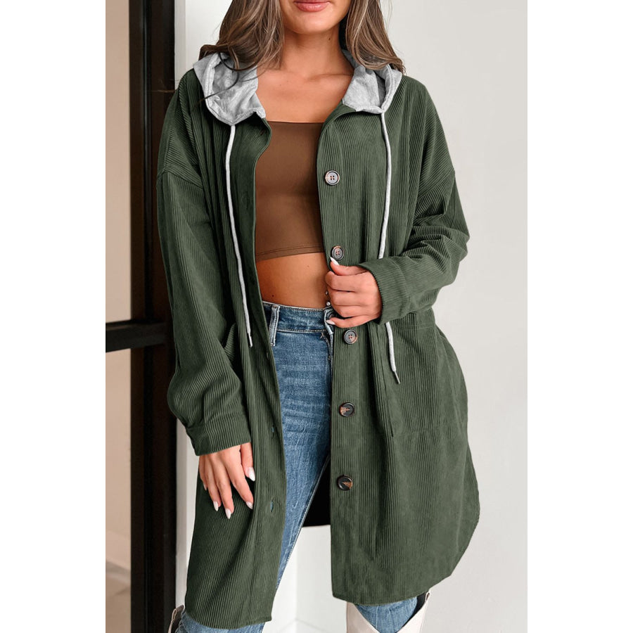 Drawstring Button Up Long Sleeve Hooded Jacket Apparel and Accessories