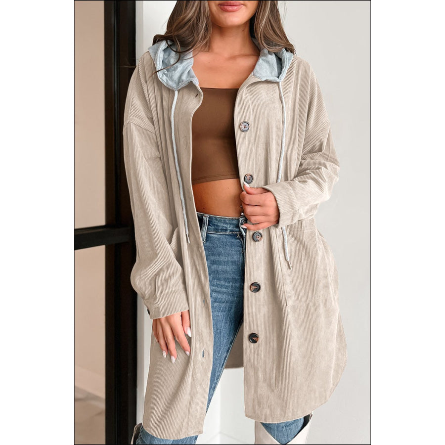 Drawstring Button Up Long Sleeve Hooded Jacket Apparel and Accessories