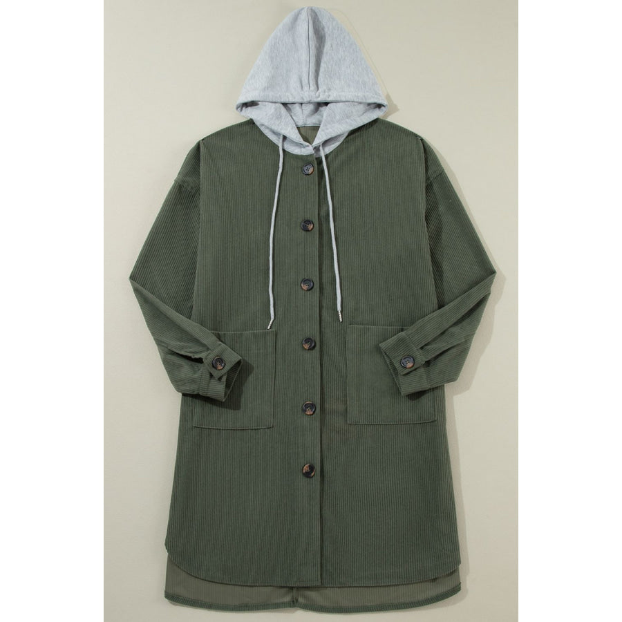 Drawstring Button Up Long Sleeve Hooded Jacket Apparel and Accessories