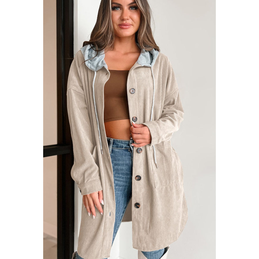 Drawstring Button Up Long Sleeve Hooded Jacket Apparel and Accessories