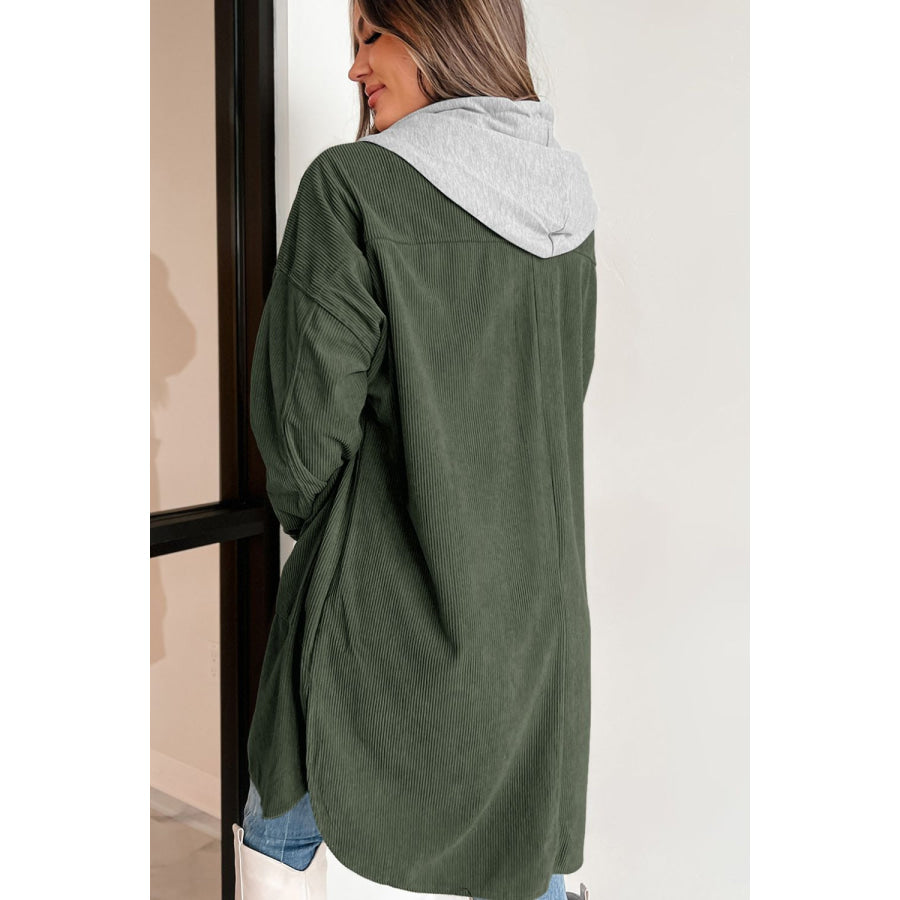 Drawstring Button Up Long Sleeve Hooded Jacket Apparel and Accessories