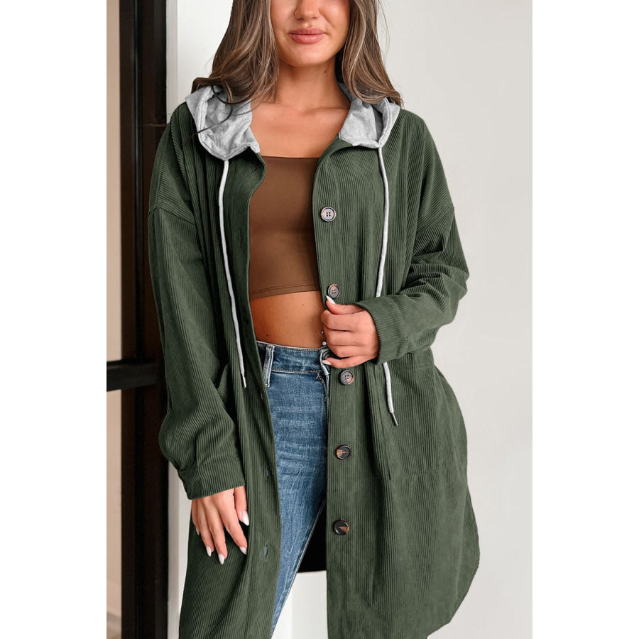 Drawstring Button Up Long Sleeve Hooded Jacket Apparel and Accessories