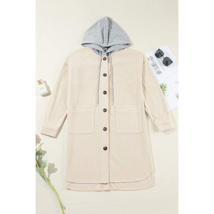 Drawstring Button Up Long Sleeve Hooded Jacket Apparel and Accessories