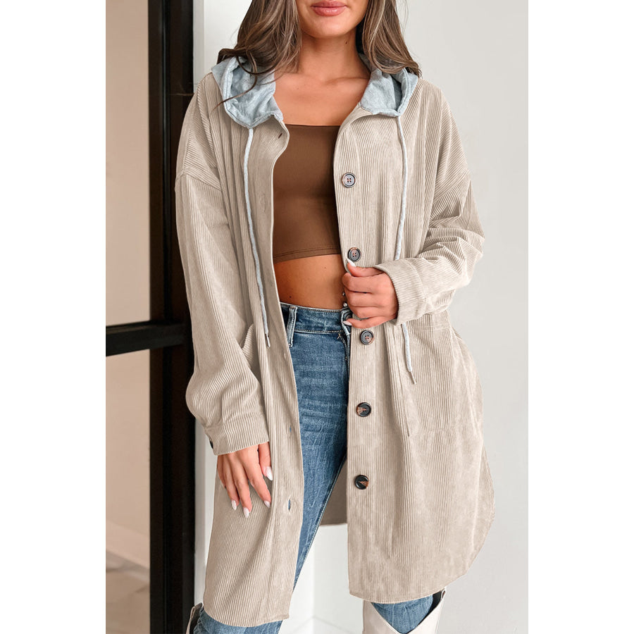 Drawstring Button Up Long Sleeve Hooded Jacket Beige / S Apparel and Accessories